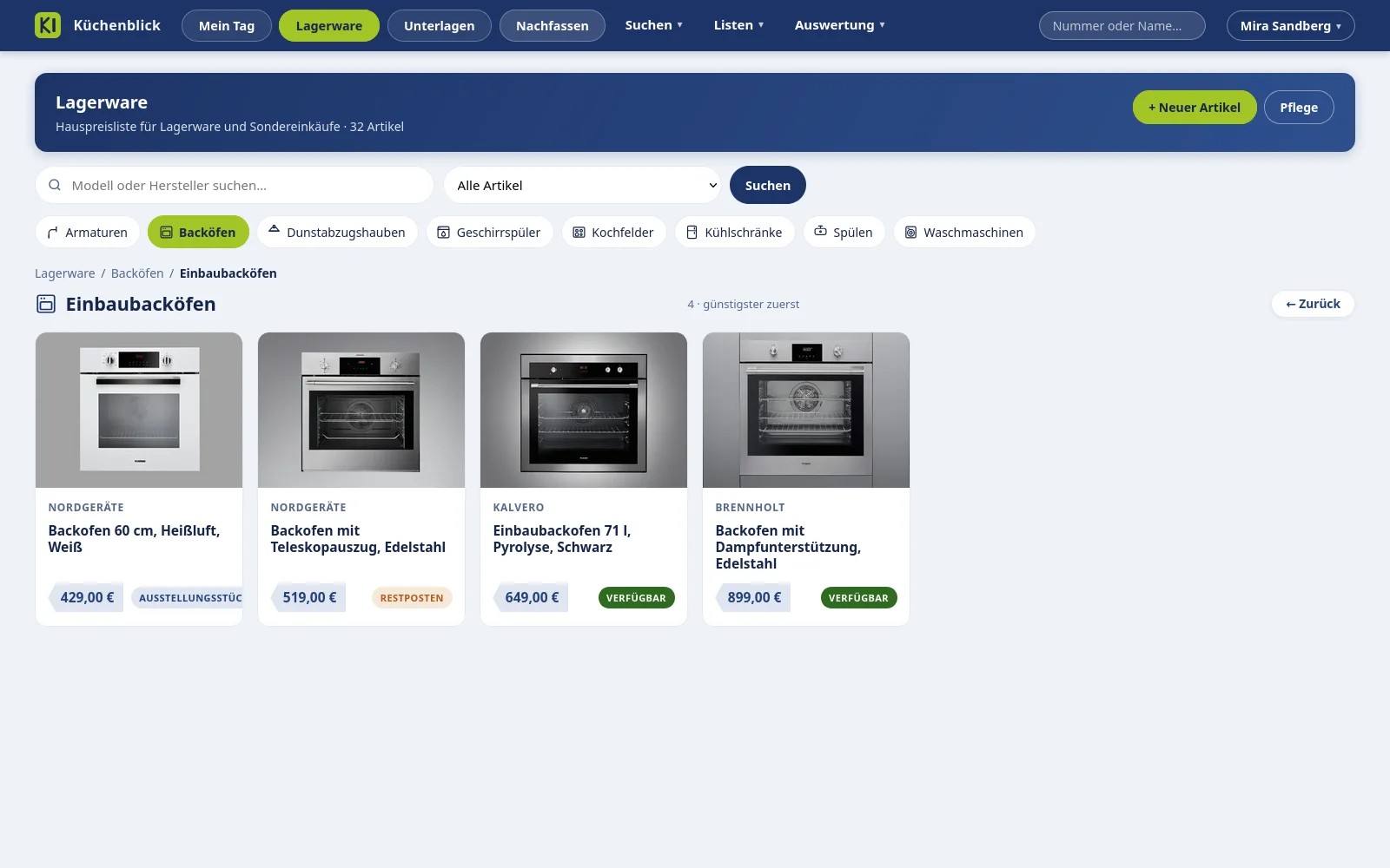 Küchenblick, Lagerware: Artikelkarten einer Unterkategorie mit Produktfoto, Hersteller, Preis und Kennzeichen, darüber Suche und Kategorieleiste
