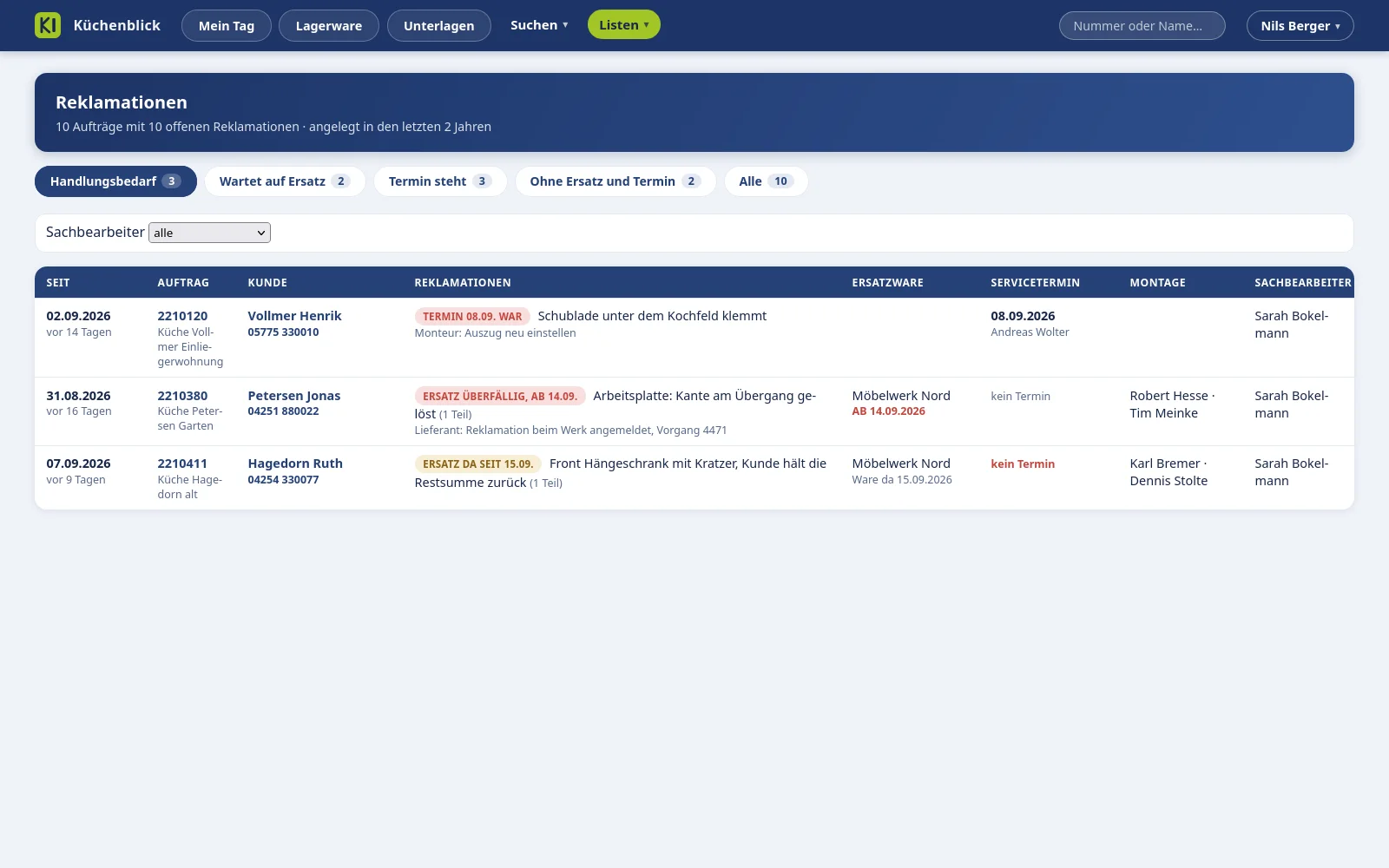 Die Reklamationsliste mit Reitern, Ersatzware und Servicetermin je Auftrag